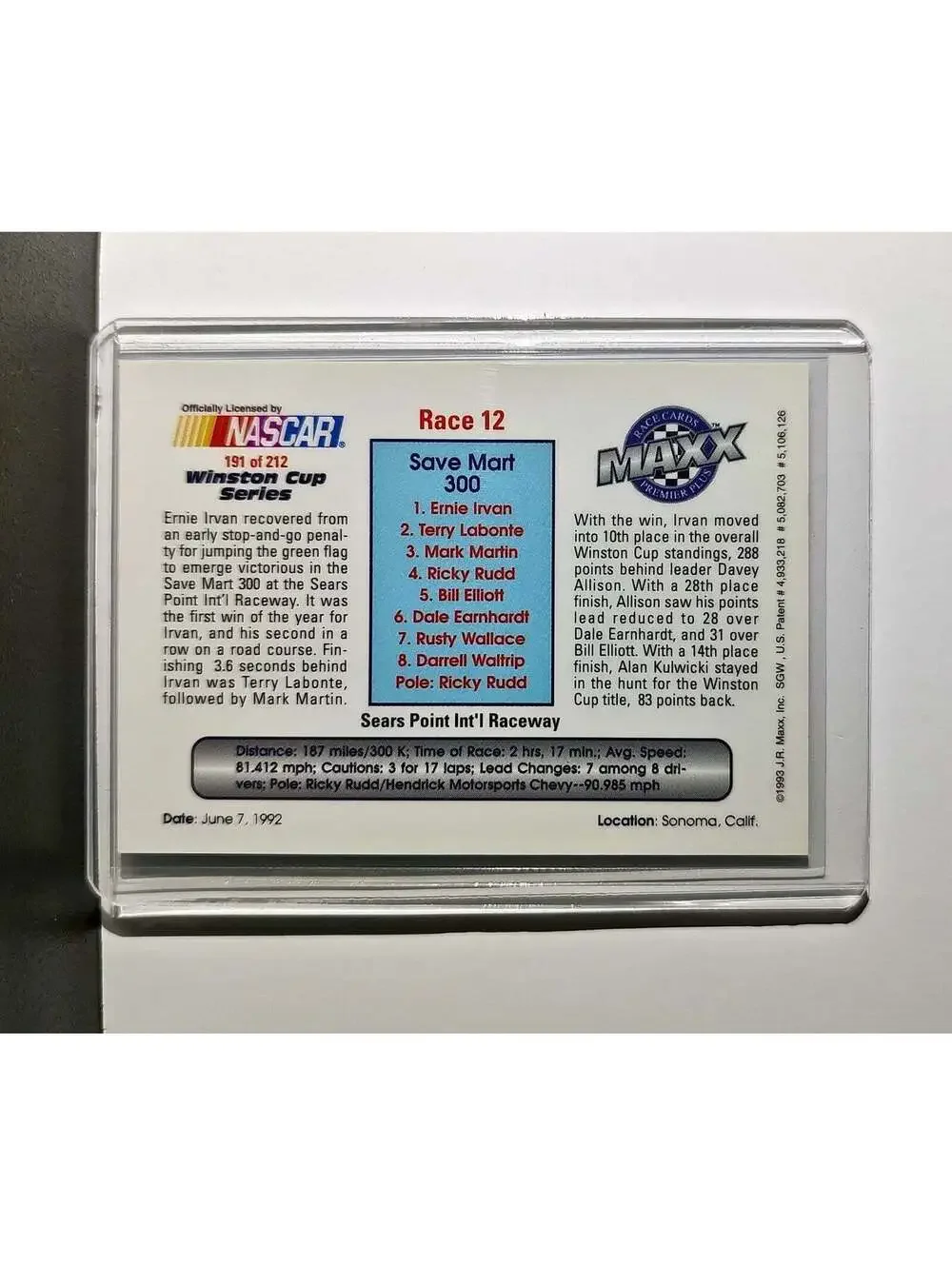 Race 12 Sears Point YR 1993 Maxx Premier Plus Racing #191 NASCAR Card